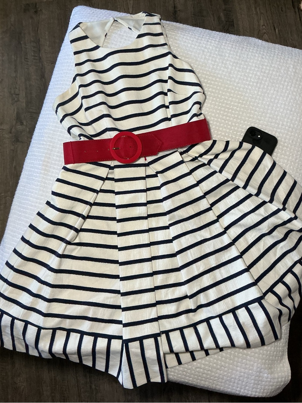 Eliza J Navy and White Striped Fit-and-Flare Dress with Red Belt